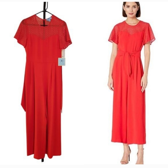 CECE NWT Red Straight Leg Jumpsuit with Tie Waist Size 2